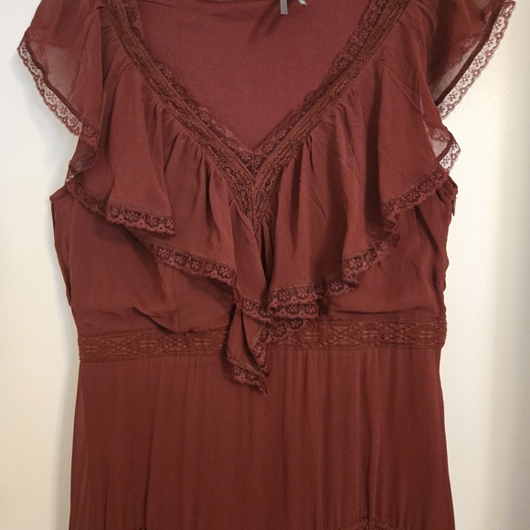 Anthropologie Boho Tiered Ruffle Midi Dress Wine Red Lace - Picture 4 of 8